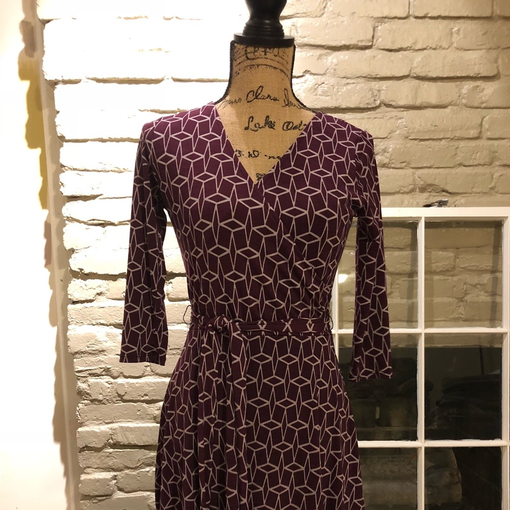 Plum and grey geometric wrap dress.